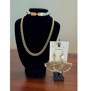 (3 Pc) Pomina Necklace Bracelet Earrings Set Boho Fan Earrings Chunky Gold Chain